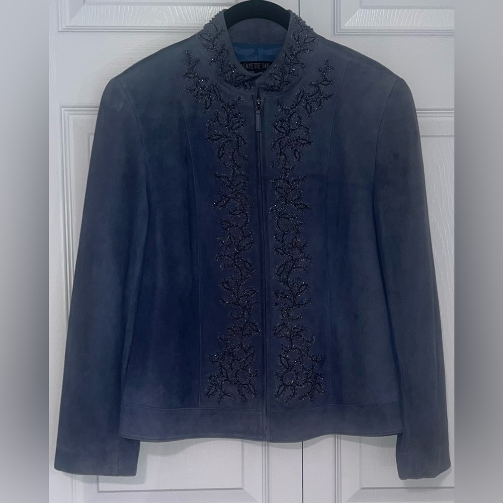 Lafayette 148 New York Blue Beaded Suede Blazer Jacket